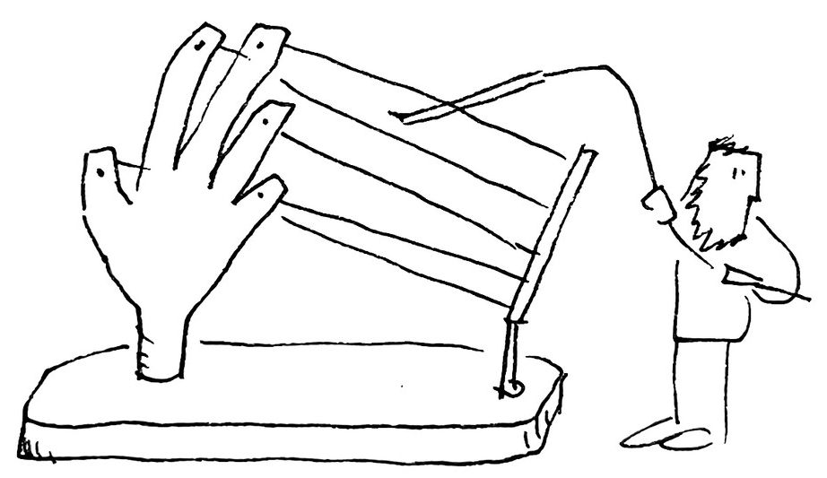 a picture from the Glossatory archives (see gemini link below for more) A cartoon of a bearded man playing a weird musical instrument in the shape of an enormous hand with strings attached