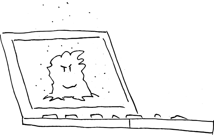 A black and white cartoon of a laptop with a grinning, hairy creature on its screen